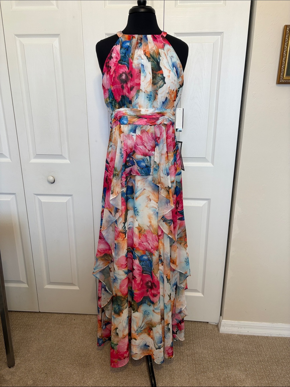 NWT R&M Richards Floral Chiffon Halter Maxi Dress Fuchsia Size 8.